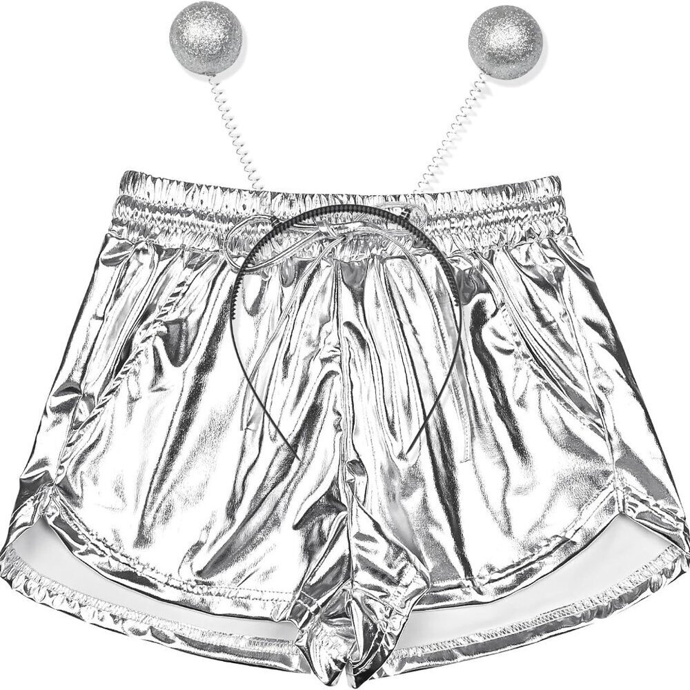 Fashionable Metallic Shorts - Shiny Silver Activewear with Pockets, Size Small